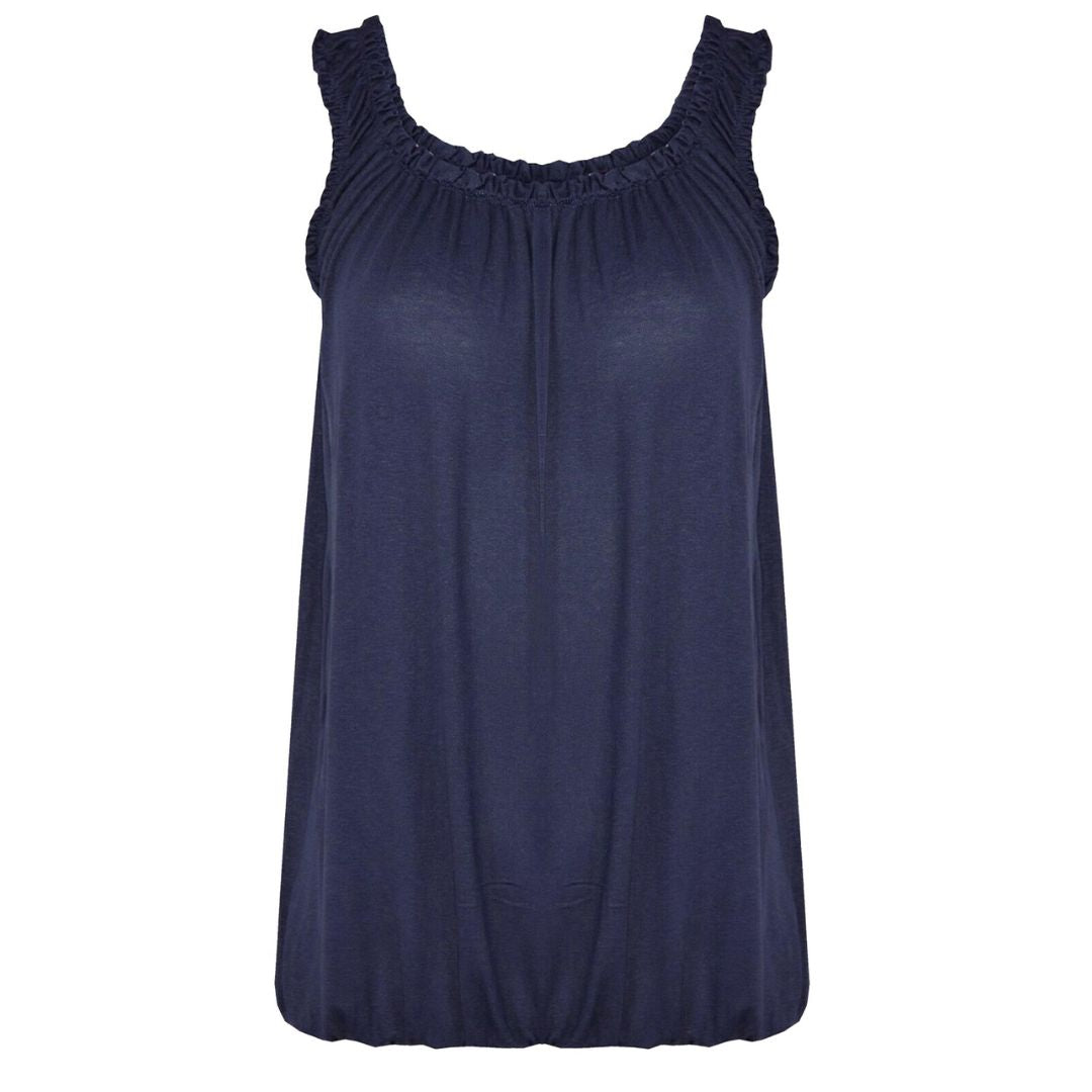 LUXE DIVA Women’s Gathered Round Scoop Neckline Swing Trim Sleeveless Plain Tank Top Wide Straps Ladies Elastic Bubble Hem Summer Camisole Baggy Vest Blouse Top