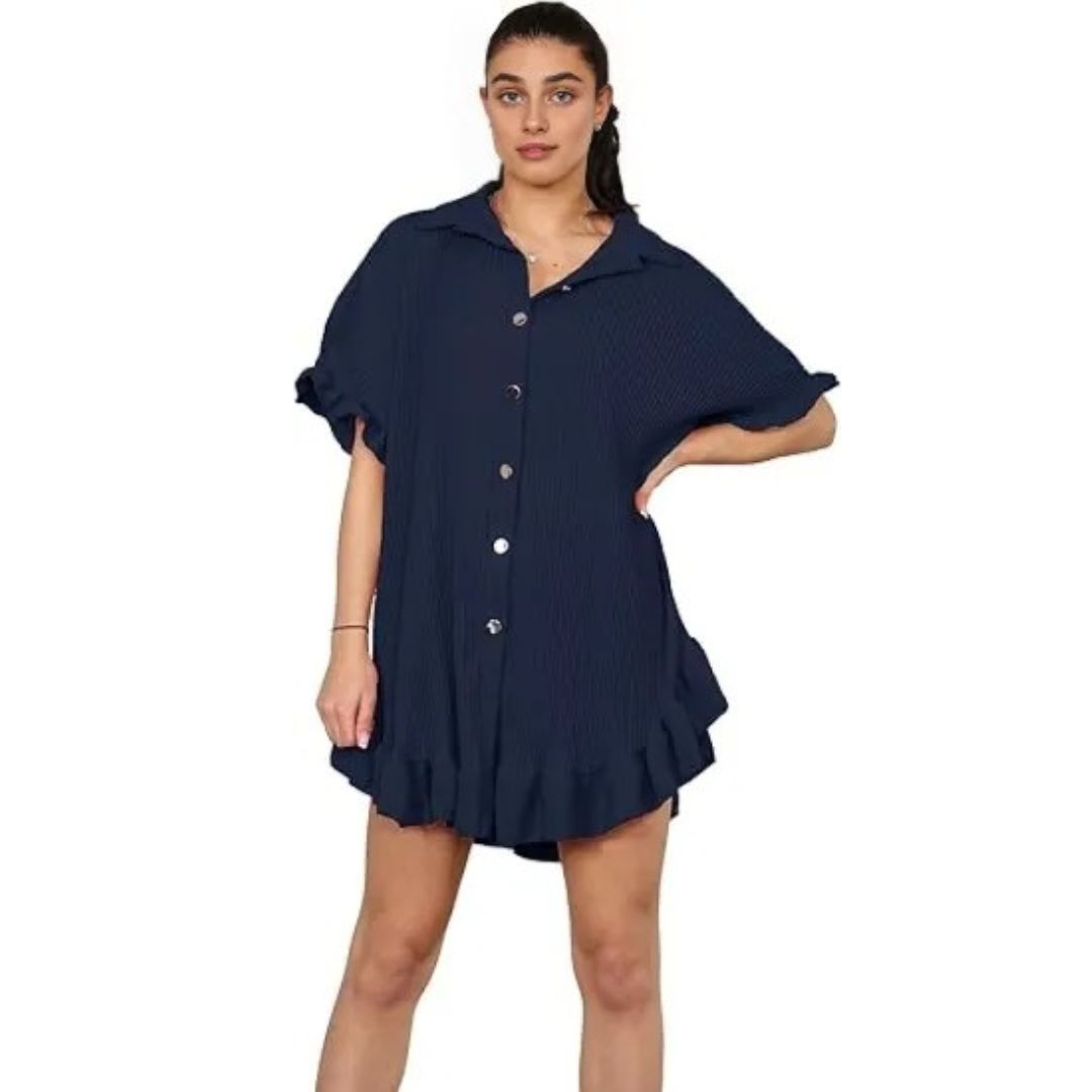 LUXE DIVA Women's Pleated Shirt Set, Short Sleeve Button Down Shirt, Loungewear, Casual Elegant Party Vacation Travel Top