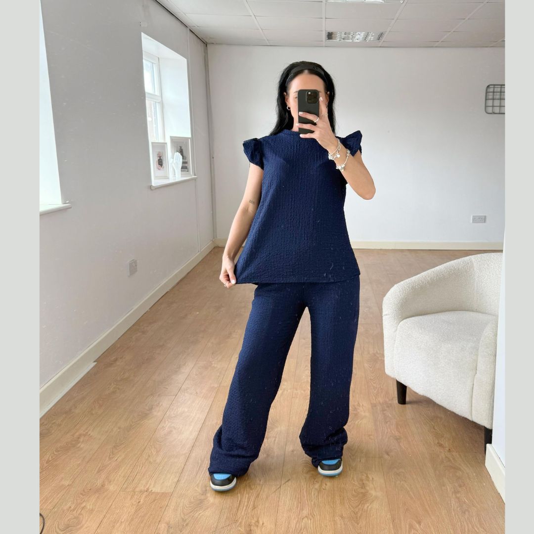 LUXEDIVA Womens Ladies Super Soft Popcorn Frill Short Sleeve Top Trouser 2PCS Co Ord LOungewear Sets