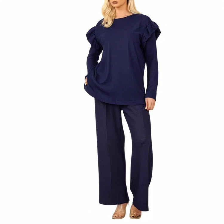 LUXE DIVA Ladies Frill arm Long Sleeve 2pcs Women's Wide Flared Leggings Trouser Loungewear Suit