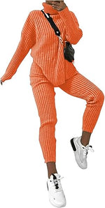 Load image into Gallery viewer, Ladies chunky knitted Ribbed polo high neck top leggings loungewear suit set