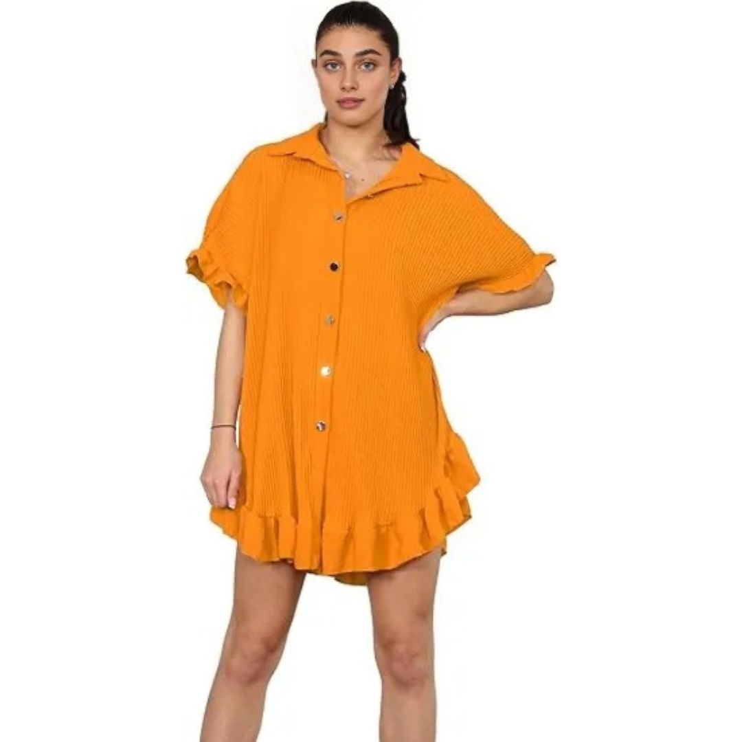 LUXE DIVA Women's Pleated Shirt Set, Short Sleeve Button Down Shirt, Loungewear, Casual Elegant Party Vacation Travel Top