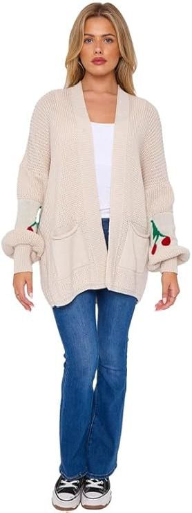 LUXE DIVA Ladies Cherry Print Balloon Sleeve Cardigan Fashion Knitted Sweater Jumper Top