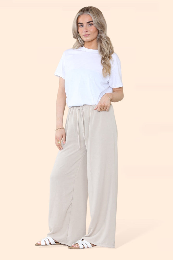 LUXEDIVA WOMENS LADIES WIDE LEG DRAWSTRING PLAZZO BOTTOM TROUSER PANTS