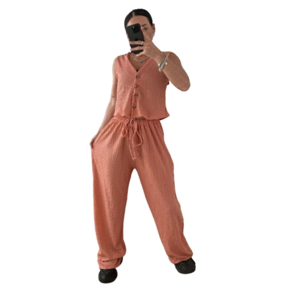 LUXE DIVA New Two Piece Wide Leg Pants Set Women's Spring New V-Neck Sleeveless Vest with Hanging Wide Leg Pants Casual Set