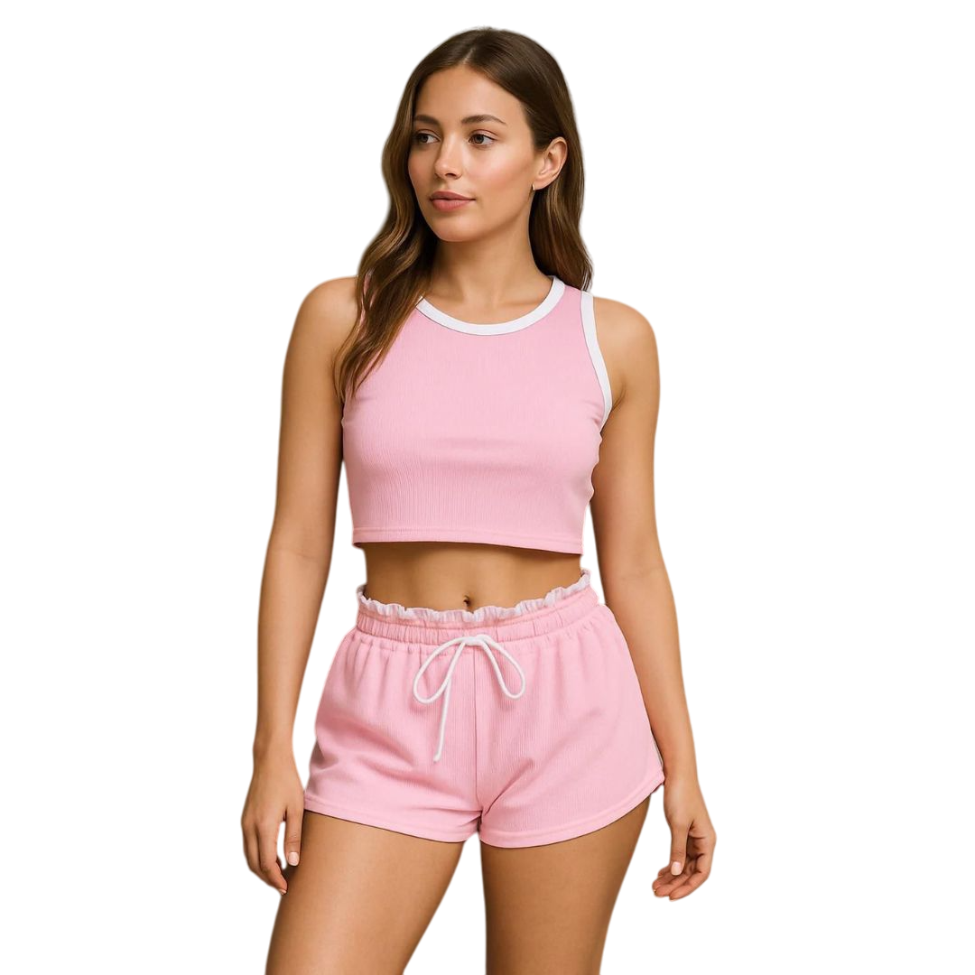 LUXE DIVA Ladies Sleeveless Cropped Top Ribbed Fabric with White Trim & Shorts with White Drawstring and Elastic Waistband Set for Women Activewear