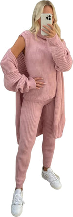 Load image into Gallery viewer, LUXE DIVA Ladies Girls 3 Piece Suit Roll Neck Chunky Knitted Tracksuit Rib Lounge Wear Set