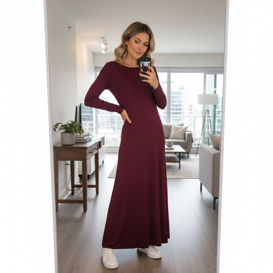 Plain Long Sleeve Maxi Dresses for Women UK Flared Stretchy Round Neck Jumper Dress Casual Evening Wear Long Maxi Dress Plus Size 8 - 26 - LUXE DIVAPlain Long Sleeve Maxi Dresses for Women UK Flared Stretchy Round Neck Jumper Dress Casual Evening Wear Long Maxi Dress Plus Size 8 - 26LUXE DIVALUXE DIVALSRNMaxiDresWineSMPlain Long Sleeve Maxi Dresses for Women UK Flared Stretchy Round Neck Jumper Dress Casual Evening Wear Long Maxi Dress Plus Size 8 - 268 - 10wine