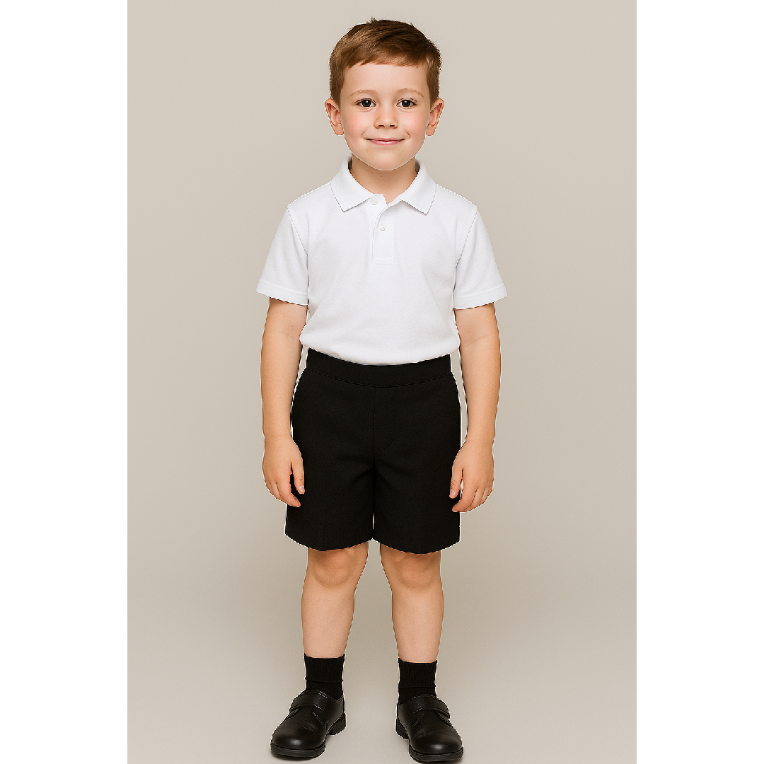 LUXE DIVA Boys School Shorts – Classic Black Knee-Length Uniform Shorts with Pockets, Easy Pull-On Design, Half Elastic Waistband for Ages 2-10 Years