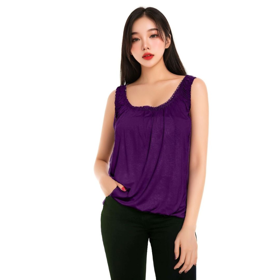 LUXE DIVA Women’s Gathered Round Scoop Neckline Swing Trim Sleeveless Plain Tank Top Wide Straps Ladies Elastic Bubble Hem Summer Camisole Baggy Vest Blouse Top