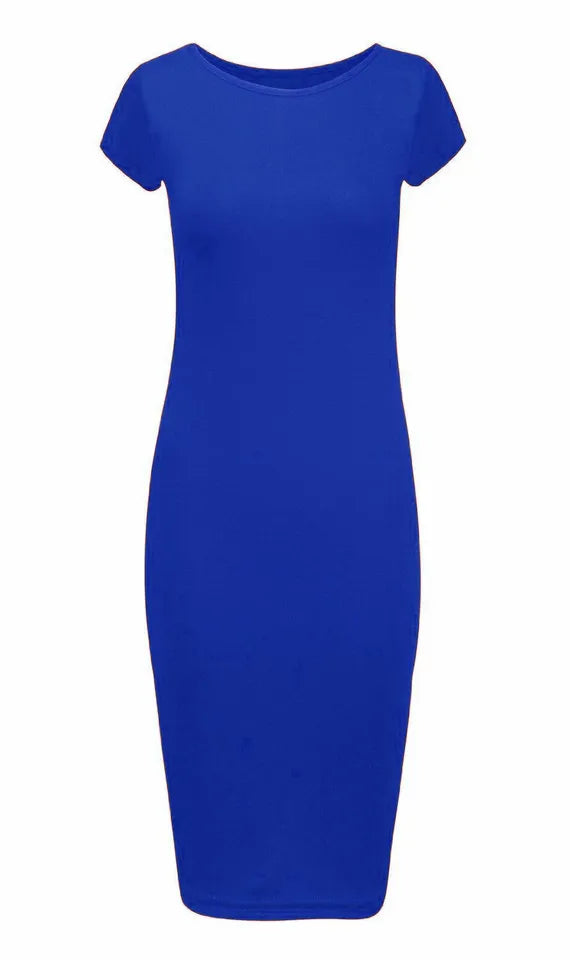 LUXE DIVA Ladies Scoop Neck Bodycon Dress Cap Sleeve Slim Fit Midi Dress Womens Plus Size Plain Stretch Ladies Jersey Midi Dress Sizes 8-26