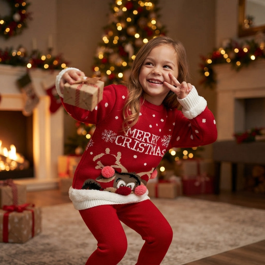LUXE DIVA Kids Unisex Knitted Christmas Round Neck Jumper: Rudolph