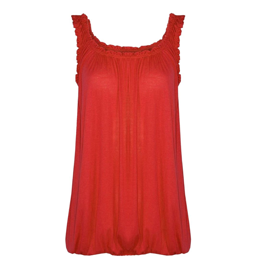 LUXE DIVA Women’s Gathered Round Scoop Neckline Swing Trim Sleeveless Plain Tank Top Wide Straps Ladies Elastic Bubble Hem Summer Camisole Baggy Vest Blouse Top