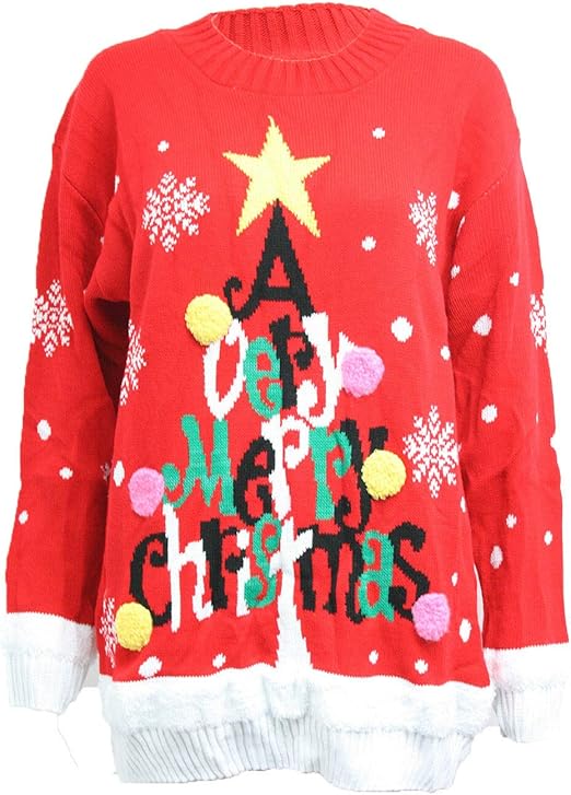LUXE DIVA Ladies A Very Merry Christmas Print Round Neck Knitted Jumper Xmas Warm Sweater Dress