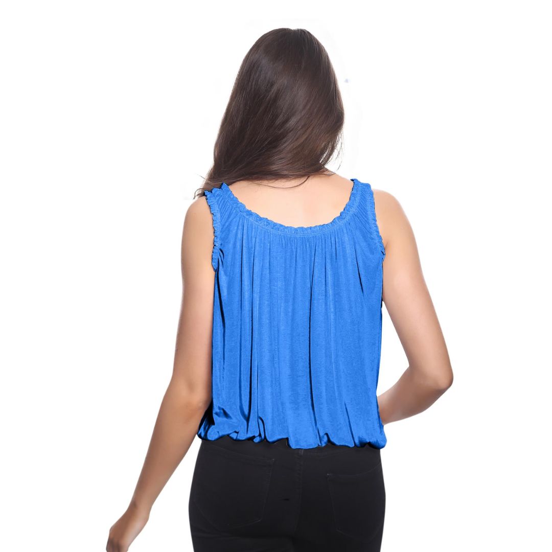 LUXE DIVA Women’s Gathered Round Scoop Neckline Swing Trim Sleeveless Plain Tank Top Wide Straps Ladies Elastic Bubble Hem Summer Camisole Baggy Vest Blouse Top