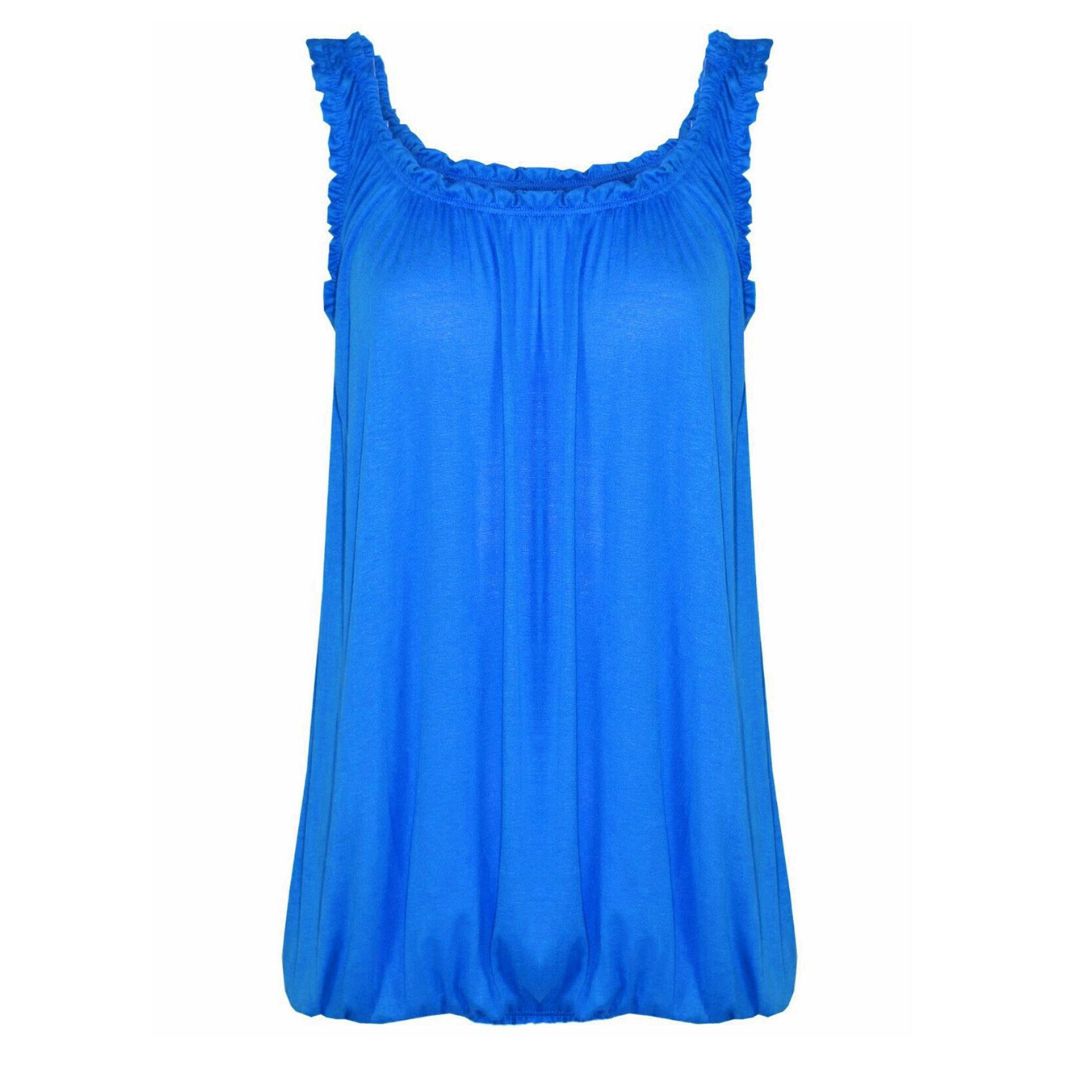 LUXE DIVA Women’s Gathered Round Scoop Neckline Swing Trim Sleeveless Plain Tank Top Wide Straps Ladies Elastic Bubble Hem Summer Camisole Baggy Vest Blouse Top