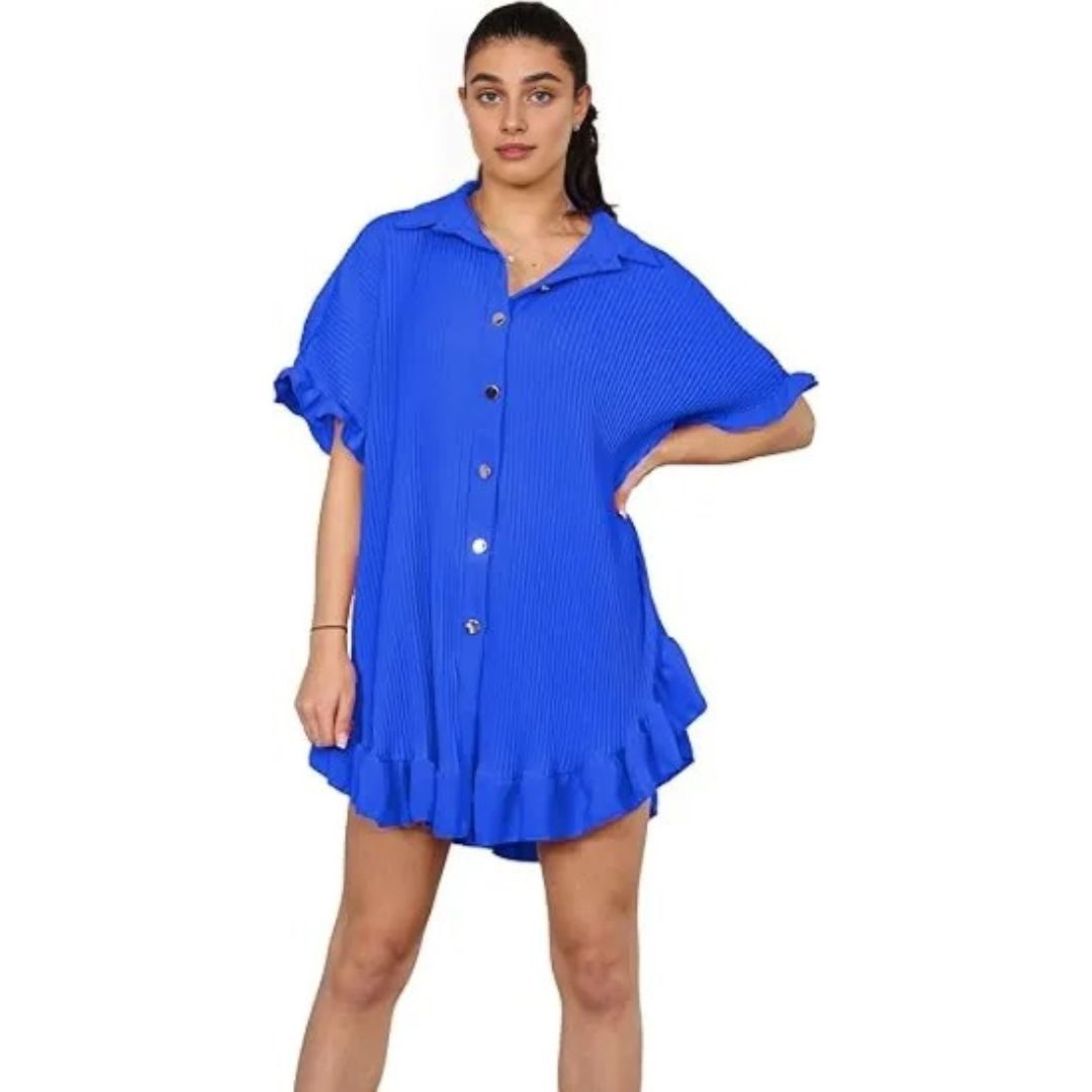 LUXE DIVA Women's Pleated Shirt Set, Short Sleeve Button Down Shirt, Loungewear, Casual Elegant Party Vacation Travel Top