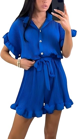 LUXEDIVA Ladies Belted Pleated Collard Smock Frill Shirt Dress Women Gold Button Playsuit