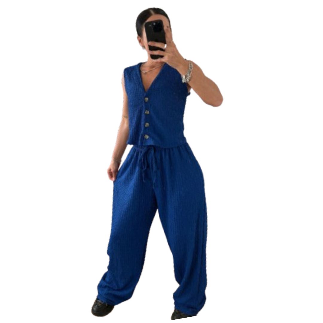 LUXE DIVA New Two Piece Wide Leg Pants Set Women's Spring New V-Neck Sleeveless Vest with Hanging Wide Leg Pants Casual Set
