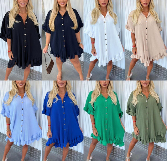 LUXE DIVA Women's Italian Pleated Shirt Dress Buttons