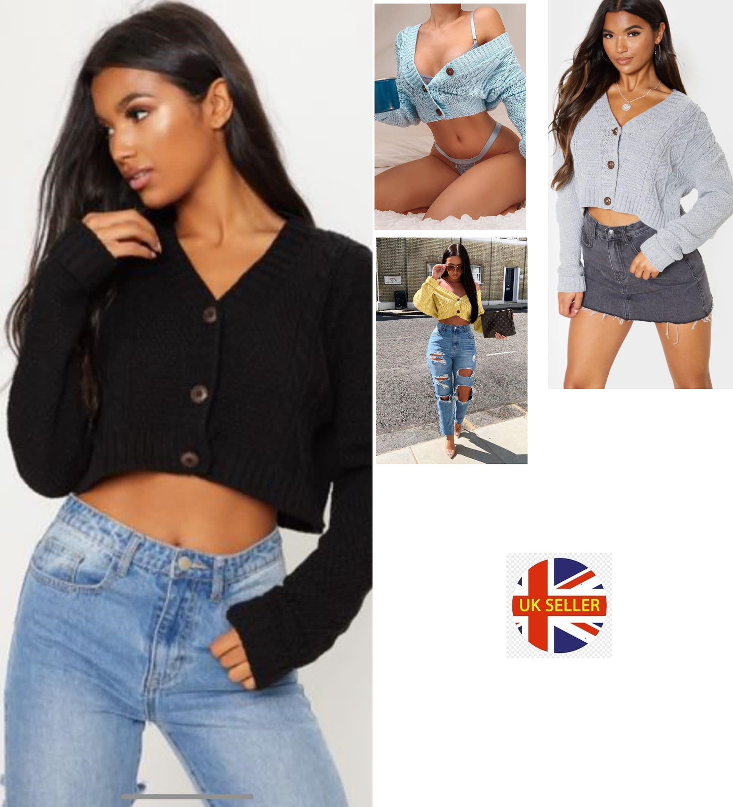 LUXE DIVA Women's Chunky Cable Knit Crop Cardigan