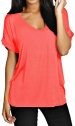 Load image into Gallery viewer, Womens T Shirt Ladies Oversized Baggy Turn Up Batwing Loose V Neck Plus Size Top