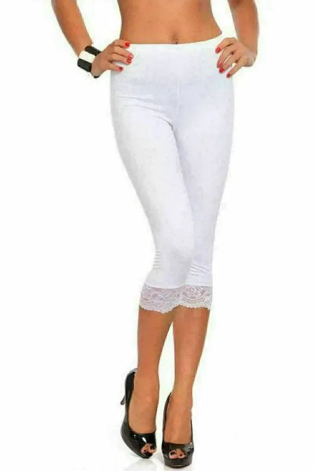 Womens Capri Soft Lace Trim Leggings Stretchy Viscose Ladies 3/4