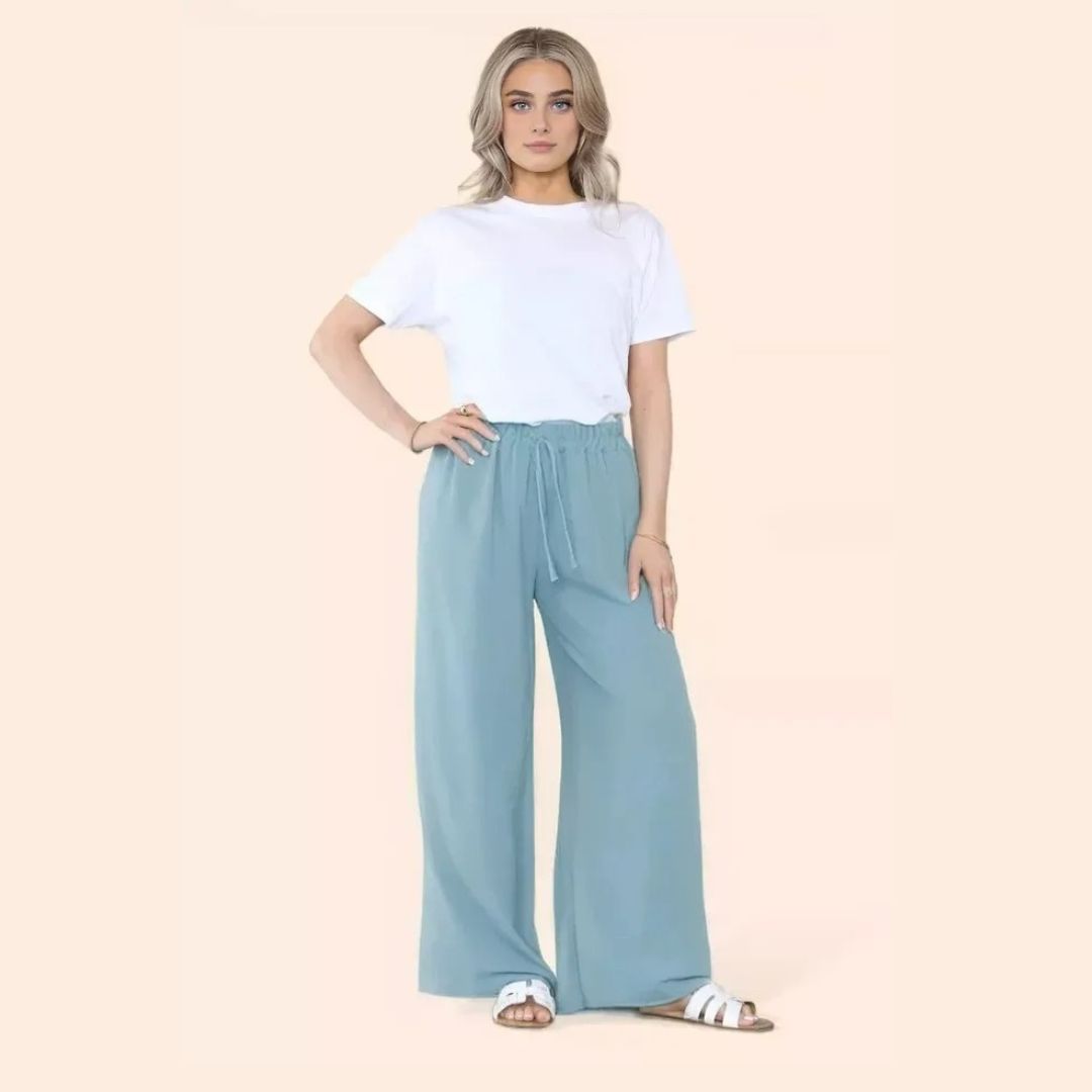 LUXE DIVA Womens Ladies Wide Leg Drawstring Palazzo Bottom Trouser Pant