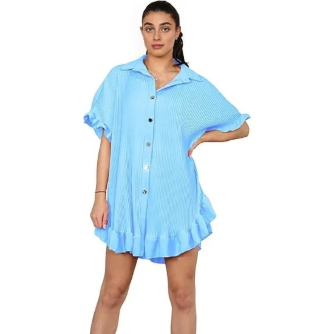 LUXE DIVA Women's Pleated Shirt Set, Short Sleeve Button Down Shirt, Loungewear, Casual Elegant Party Vacation Travel Top