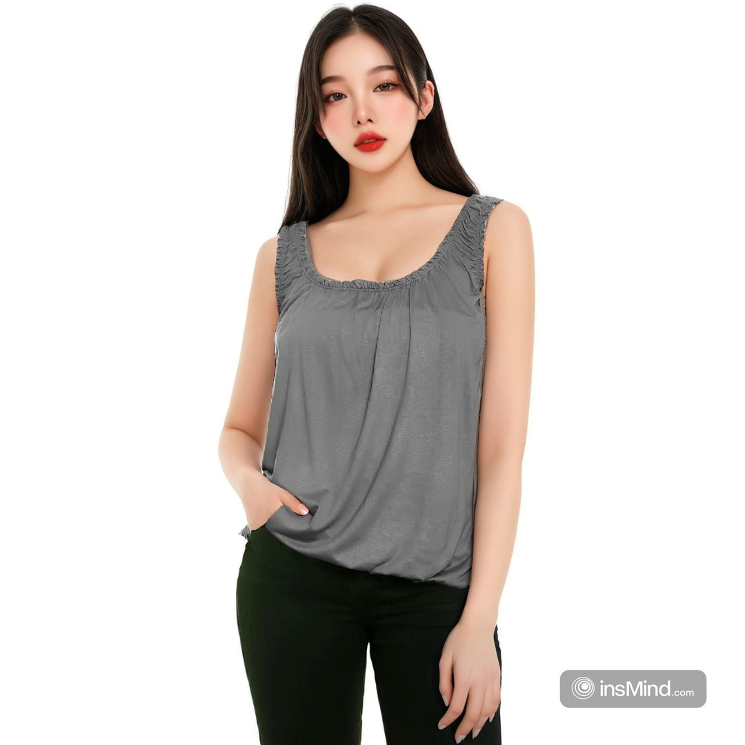 LUXE DIVA Women’s Gathered Round Scoop Neckline Swing Trim Sleeveless Plain Tank Top Wide Straps Ladies Elastic Bubble Hem Summer Camisole Baggy Vest Blouse Top