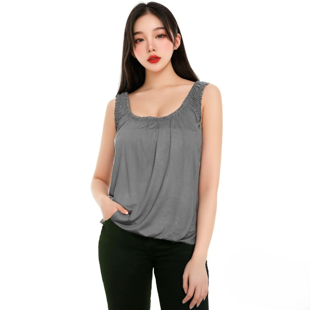 LUXE DIVA Women’s Gathered Round Scoop Neckline Swing Trim Sleeveless Plain Tank Top Wide Straps Ladies Elastic Bubble Hem Summer Camisole Baggy Vest Blouse Top