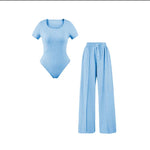 Load image into Gallery viewer, Ladies scoop neck short sleeve bodysuit & elasticated wide leg trouser two piece