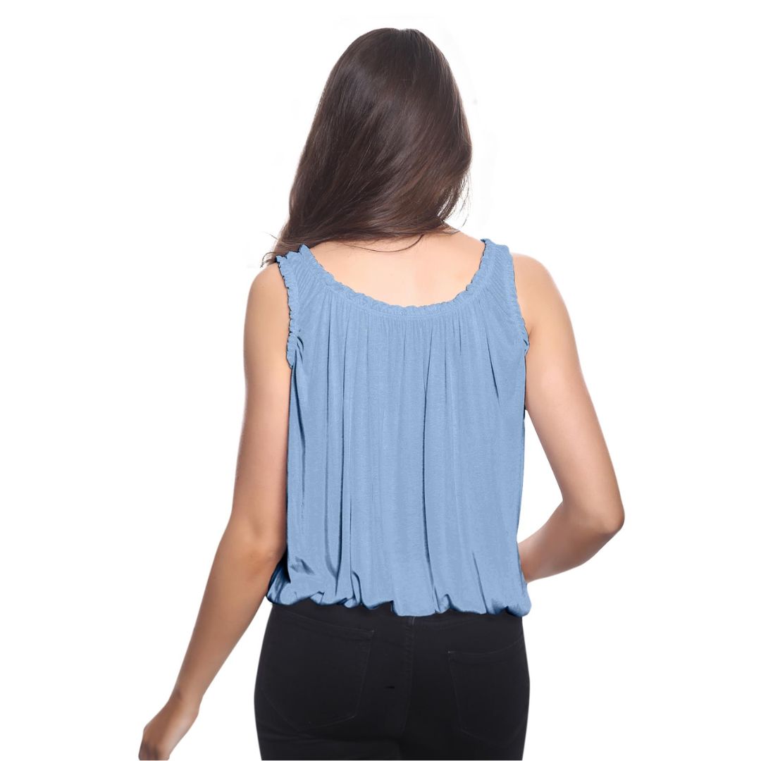 LUXE DIVA Women’s Gathered Round Scoop Neckline Swing Trim Sleeveless Plain Tank Top Wide Straps Ladies Elastic Bubble Hem Summer Camisole Baggy Vest Blouse Top