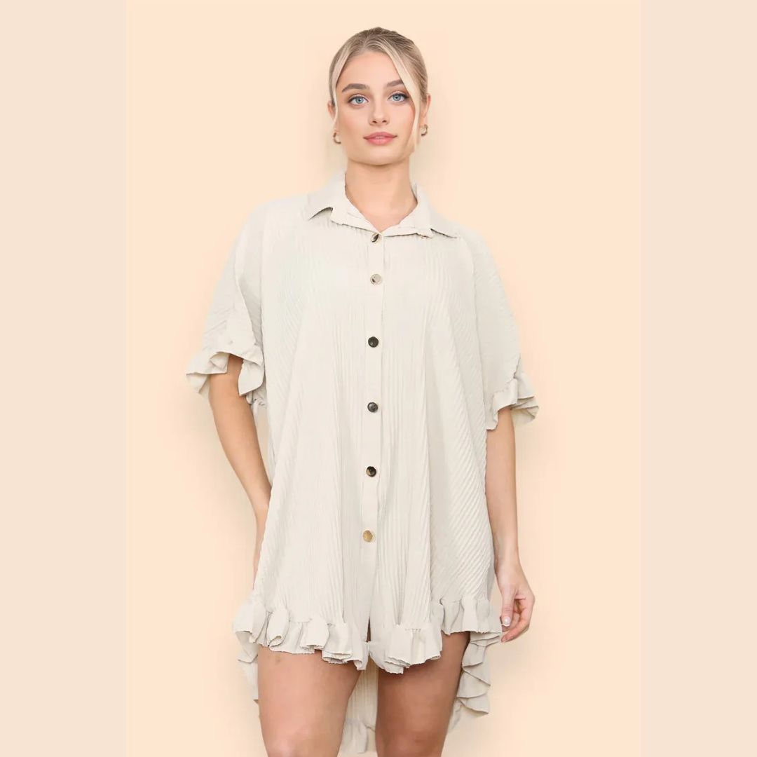 LUXE DIVA Women's Pleated Shirt Set, Short Sleeve Button Down Shirt, Loungewear, Casual Elegant Party Vacation Travel Top