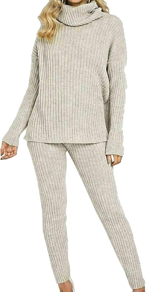 LUXE DIVA Ladies Chunky Cable Knitted Polo High Neck Top Leggings Lounge wear Suit Set