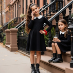 Load image into Gallery viewer, LUXE DIVA  Womens and Kids Collar Long Sleeve Plain Ladies Swing Dress Ladies Long Sleeve Peter Pan Collar Flared Festive Halloween Swing Dress Top (UK, Numeric, 16, 18, Regular, Regular, Black)