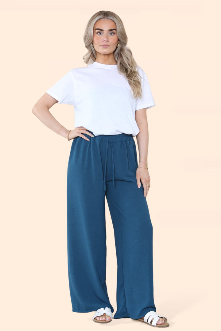 LUXEDIVA WOMENS LADIES WIDE LEG DRAWSTRING PLAZZO BOTTOM TROUSER PANTS