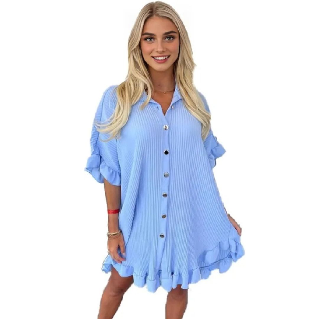 LUXE DIVA Women's Pleated Shirt Set, Short Sleeve Button Down Shirt, Loungewear, Casual Elegant Party Vacation Travel Top