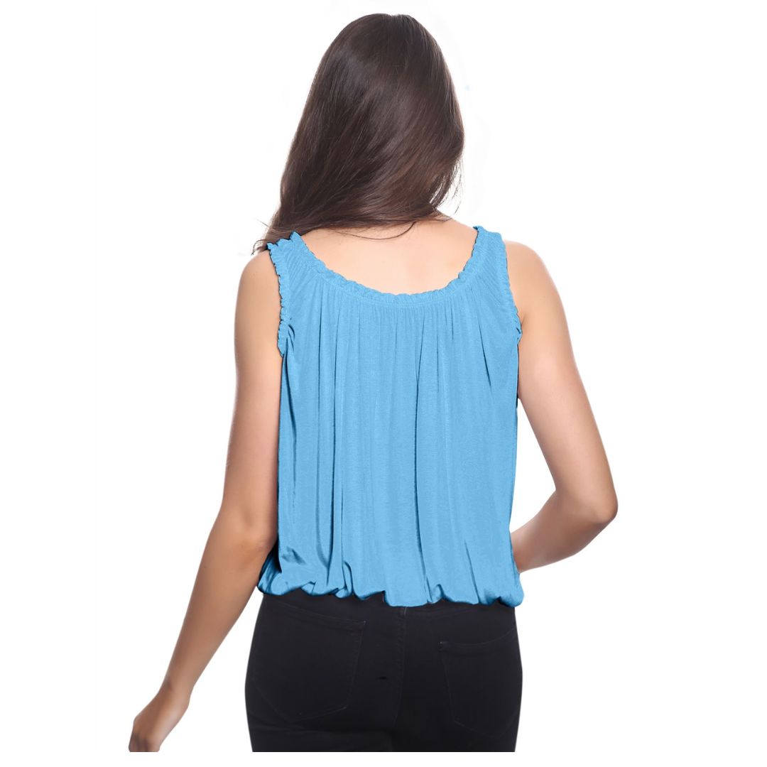 LUXE DIVA Women’s Gathered Round Scoop Neckline Swing Trim Sleeveless Plain Tank Top Wide Straps Ladies Elastic Bubble Hem Summer Camisole Baggy Vest Blouse Top