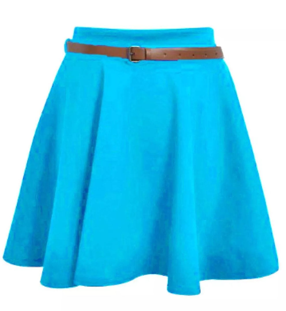LUXE DIVA Womens Belted Flared Mini Swing Skirt Short Skater Party Plain Ladies UK 8-22