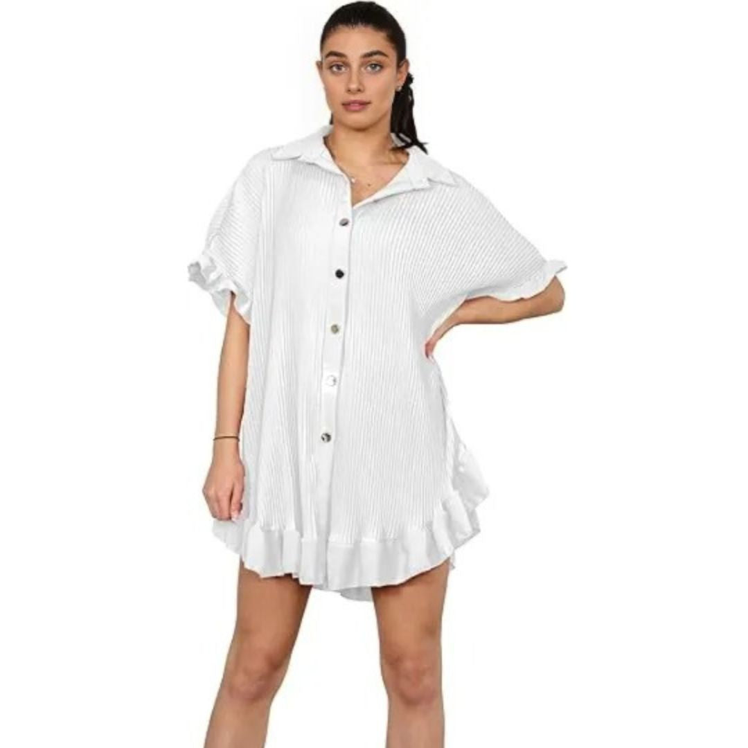 LUXE DIVA Women's Pleated Shirt Set, Short Sleeve Button Down Shirt, Loungewear, Casual Elegant Party Vacation Travel Top