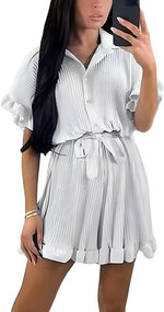 Load image into Gallery viewer, LUXEDIVA Ladies Belted Pleated Collard Smock Frill Shirt Dress Women Gold Button Playsuit
