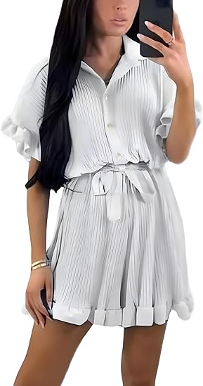 LUXEDIVA Ladies Belted Pleated Collard Smock Frill Shirt Dress Women Gold Button Playsuit