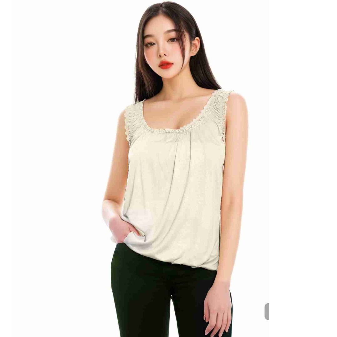 LUXE DIVA Women’s Gathered Round Scoop Neckline Swing Trim Sleeveless Plain Tank Top Wide Straps Ladies Elastic Bubble Hem Summer Camisole Baggy Vest Blouse Top