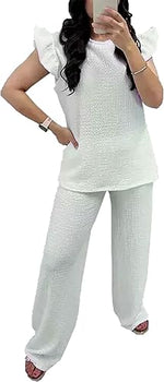 Load image into Gallery viewer, LUXEDIVA Womens Ladies Super Soft Popcorn Frill Short Sleeve Top Trouser 2PCS Co Ord LOungewear Sets