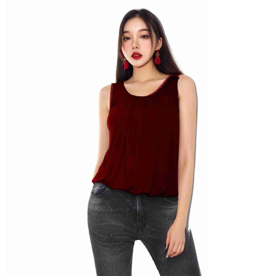 LUXE DIVA Women’s Gathered Round Scoop Neckline Swing Trim Sleeveless Plain Tank Top Wide Straps Ladies Elastic Bubble Hem Summer Camisole Baggy Vest Blouse Top