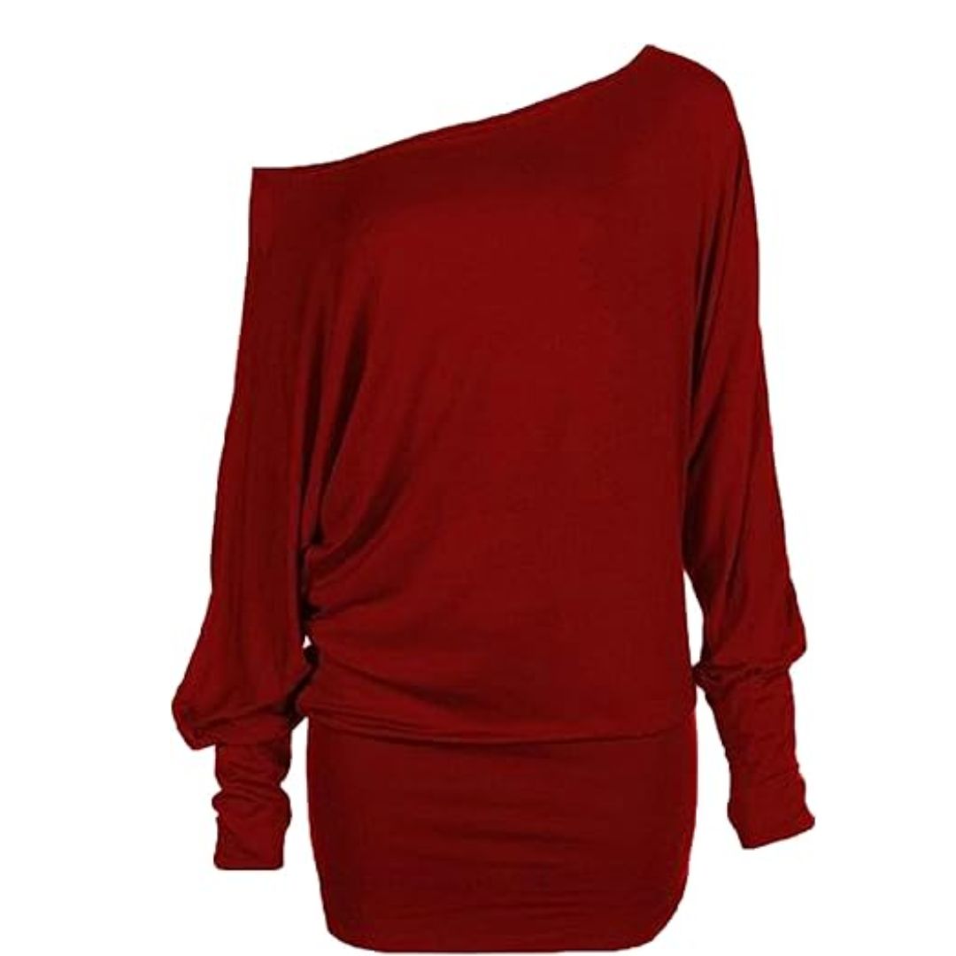 LUXE DIVA One Off-Shoulder Tops with Long Sleeves, Off Shoulder Batwing Jumper, Ladies Batwing Top in Black, Red, White Plus 21 Colors More UK