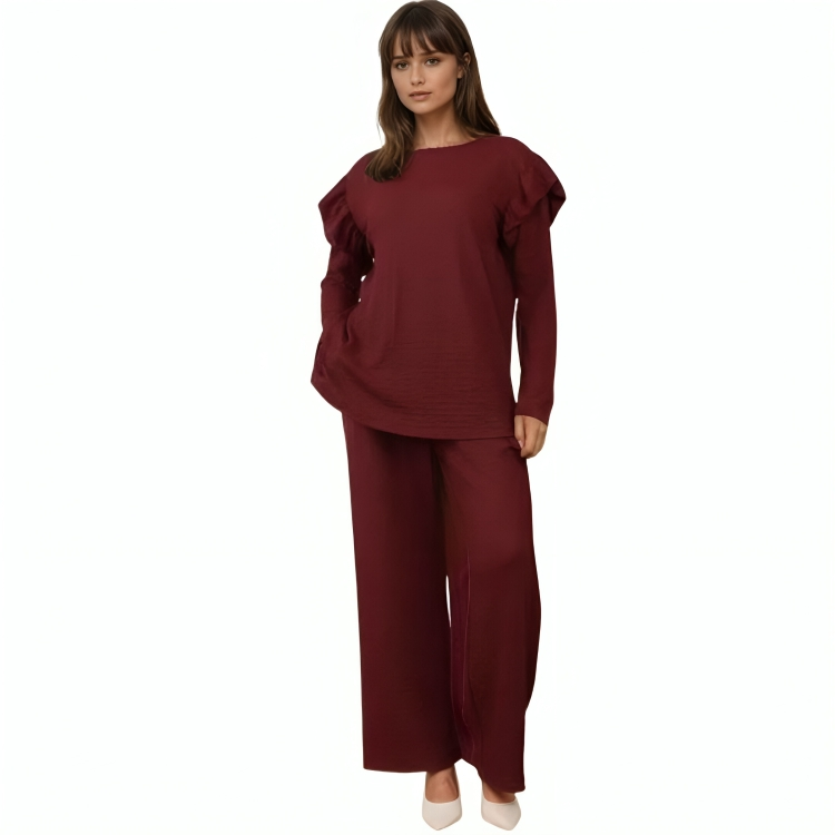LUXE DIVA Ladies Frill arm Long Sleeve 2pcs Women's Wide Flared Leggings Trouser Loungewear Suit