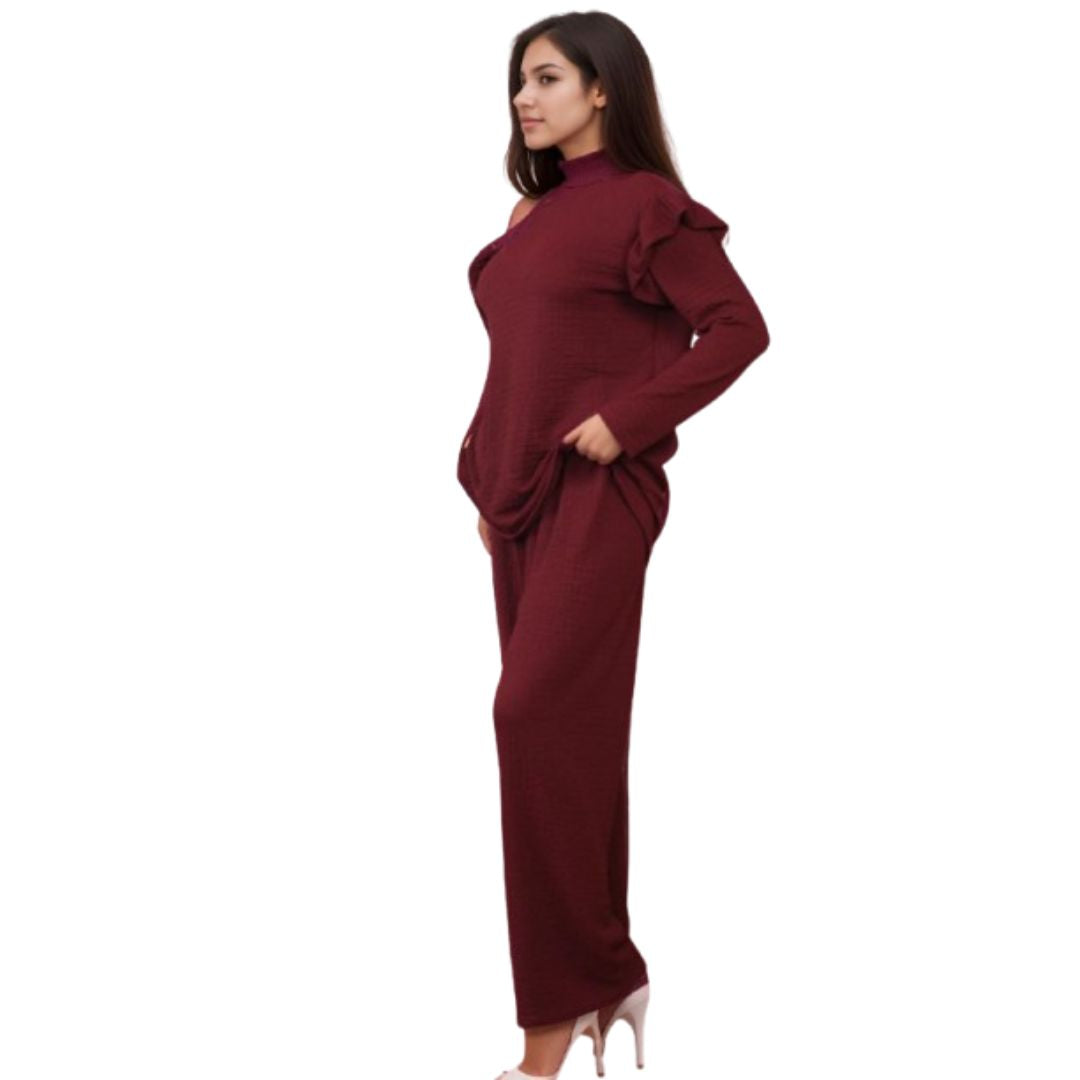 LUXE DIVA Ladies Frill arm Long Sleeve 2pcs Women's Wide Flared Leggings Trouser Loungewear Suit