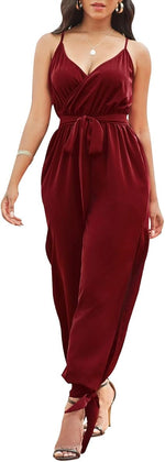 Load image into Gallery viewer, LUXE DIVA Women's V Neck Wrap Over Ankle Tie Waist Jumpsuit Ladies Harem Wide Leg Playsuit